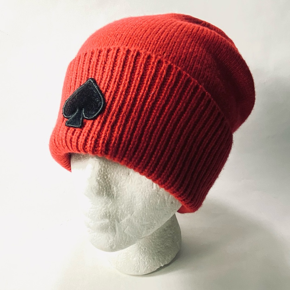 Kate Spade New York Ribbed Spade Logo Red Foldover Beanie Hat